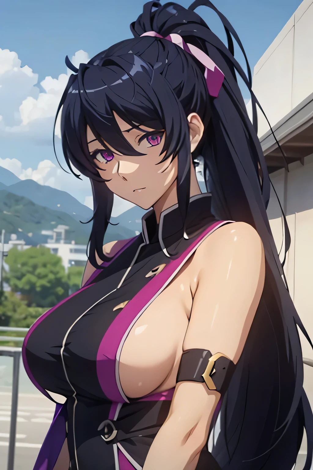 1 woman, akeno himejima, long black hair, ponytail, ((detailed eyes:1.2)), wearing translucent miko outfit, sexy, sensual, sleeveless, sideboob, underboob, masterpiece, top quality, best quality, official art, beautiful and aesthetic:1.2), extreme detailed, colorful, highest detailed