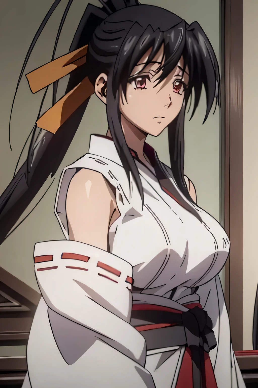 1 woman, akeno himejima, long black hair, ponytail, ((detailed eyes:1.2)), wearing translucent miko outfit, sexy, sensual, sleeveless, sideboob, underboob, masterpiece, top quality, best quality, official art, beautiful and aesthetic:1.2), extreme detailed, colorful, highest detailed