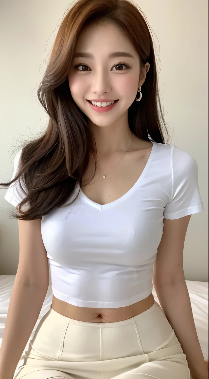 White tight shirt、White tight mini skirt、bed、smile、Short sleeve、high resolution、Korean idol face、double eyelid、White teeth、Medium Hair