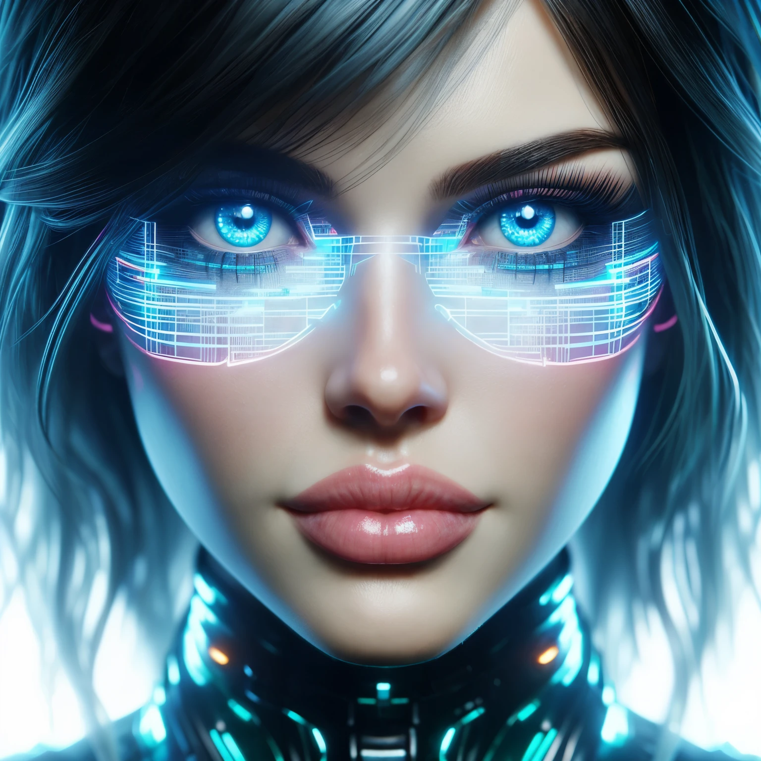 from front, 8k resolution, super detailed, High quality, full white background, abstract background, lip filler, nice lips, big lips, beautiful, medium, blue eye, neon clothes, cyberpunk, backlight, cyberpunk , crystal clear eyes, perfect eyes, perfect teeth