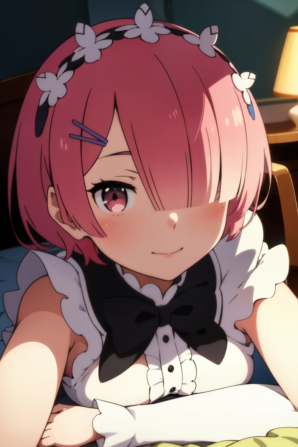 Anime background art, bottom of room, one bed, lying on a bed, beautiful anime scenes, 4K anime art wallpaper, 4k anime art wallpaper, Rosla global illumination, anime girl, 1 girl, LORA similar, best quality, detailed, alone, looking at the viewer, mouth closed, smile, short hair, flower headbands, hair accessories, definition in the eye, right eye covered by hair, perfect face, perfect hair, pink hair, pink eyes, maid costume.