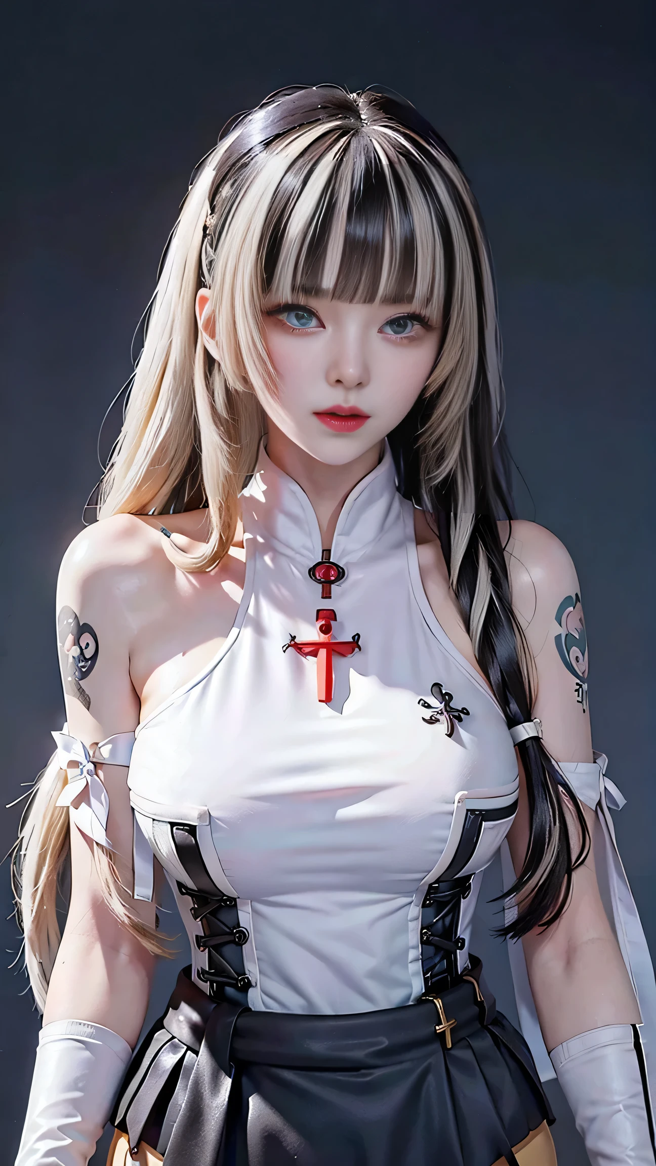 wonderful, masterpiece, white hair, Golden Eyes, White clothes, look up, Upper Body, hair, Fair skin, Side braid, Dragon Girl, (beautiful, Pure beauty), (Advanced light, Sharp contrast, Strong Deep Shadow Strong), (perfection, The details are in order), (feminine, Fantasy Illustration, epic beauty, overhead lens, Exquisite character art) (((He has many tattoos all over his body)), Streetwear, (((Tight shorts))), blonde, (((Tight waist))), ((Big Breasts)),(See-through)