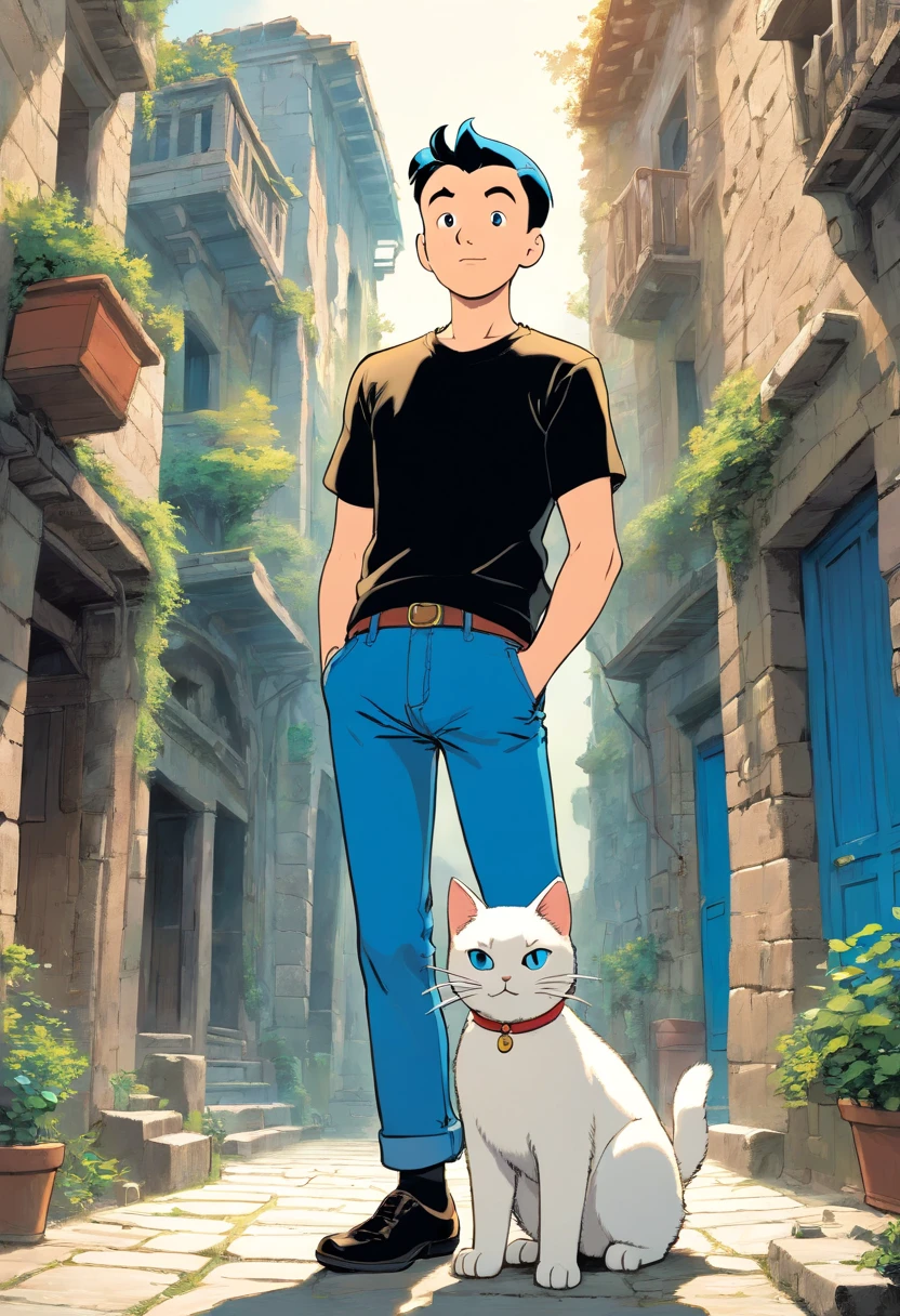 Tintin, male wearing black t-shirt and blue blue denim pants, short black hair, herge, european comics, heroic pose, Indonesian ruins, with blue eyes white cat