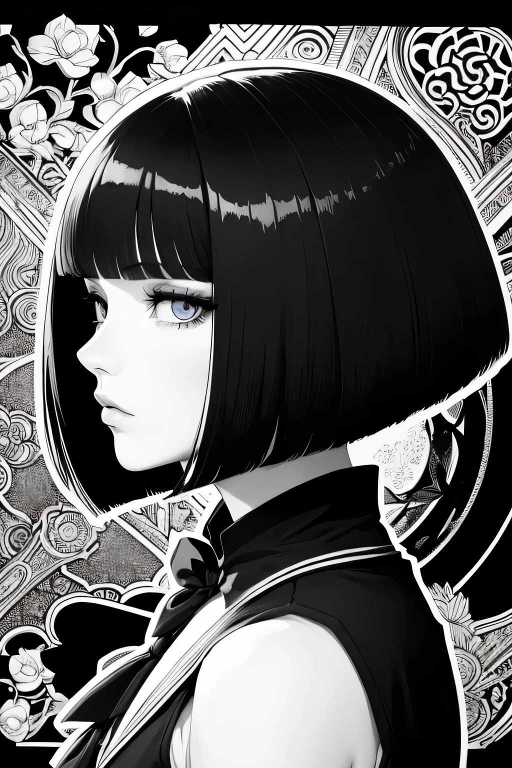 Beardsley style,ink art,(Best Quality,masutepiece:1.2),(black and white comic core:1.1),(extreme high contrast),Dark ink, 1 beautiful girl, side view, school_uniform, bob_cut_hair, bangs, Very_beautiful_face, very_beautiful_eyes, even_eyes