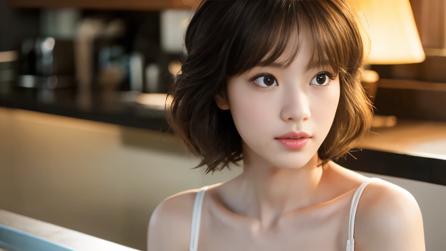 (highest quality、8K、32k、masterpiece、nffsw:1.2)、cute japanese women photos、big and full breasts、very short bobbed hair、Upper body、surface focus、extra large_sweater、necklace、Background of the café、From above、Viewer looking x4、(8K、RAW photo、highest quality、masterpiece:1.2)、(realistic、Photoreal:1.37)、1 girl、cute、professional lighting、photon mapping、Physically based rendering、gradient brunette hair、short curly hair、Handsome、girly、excellent image quality、High resolution、1080p、(clean face)、(Detailed facial description)、(Detailed hand explanation)、(Masseter muscle part)、(Detailed CG)、 extreme light and shadow、hair is dirty、masterpiece、rich details、(exquisite features)、(best image quality)、(masterpiece)、(detailed eye)、looking forward to your eyes、delicate clavicle、Various poses、Don'don't watch the mela、profile、Photographed inside the cafe、Spring clothes、simple necklace、light blue knit