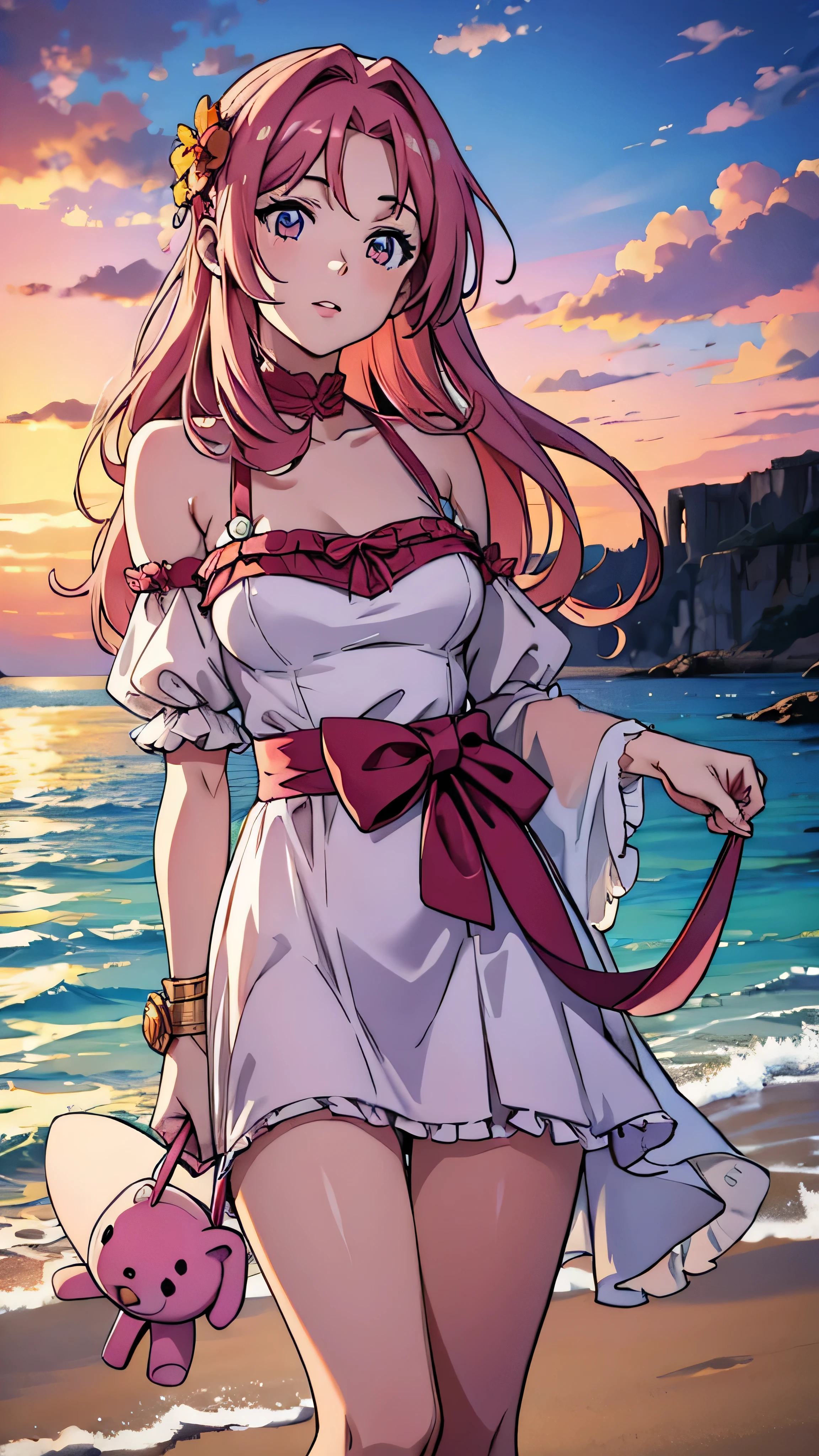 A woman in a white dress standing on a beach next to the ocean - SeaArt AI