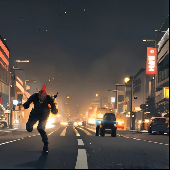 Guy dashing urgently amidst blurred movement, narrowly escaping cars that seemingly swerve in approach, people within the vehicles exclaiming expletives in frenzy, best quality, masterpiece, a dynamic scene of peril and chaos, cityscape backdrop, honking horns echoing in the air, detailed road lines and tire marks, high-resolution, vivid illustration, expressive facial expressions on both the runner and the drivers, sharp focus, ultra-detailed features, HDR effect capturing the contrast of lights and shadows.