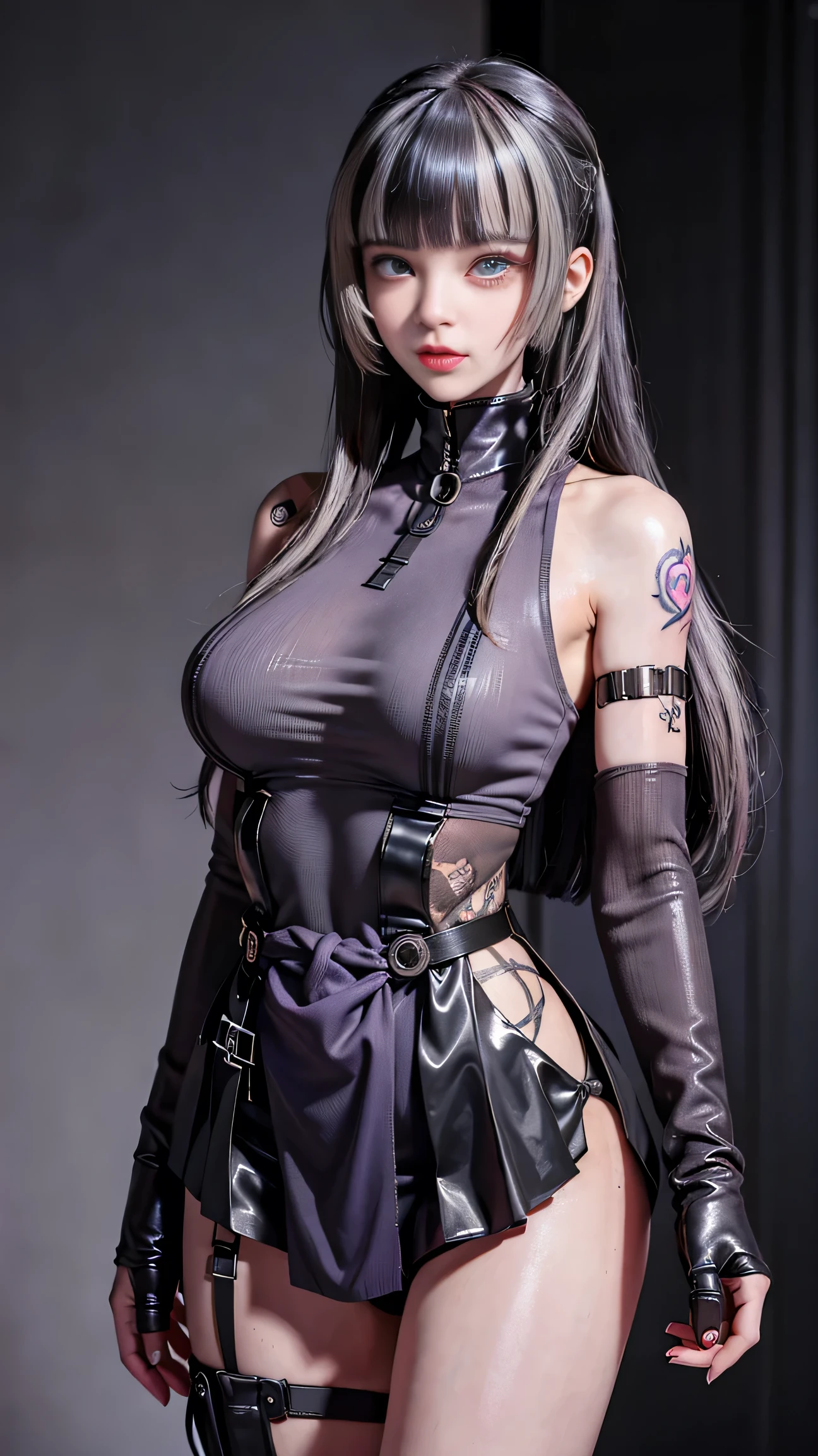 One Girl, Gray Hair, Long Hair, Techwear masterpiece, highest quality, Realistic, Dark purple jacket, Portraiture, fine grain, Platinum Hair, 21 year old girl, Fashion pose, Half Body, Wide Shot, on the road, cyber punk,(((He has many tattoos all over his body)), (((Tight waist))), ((Big Breasts)),(See-through)，panties