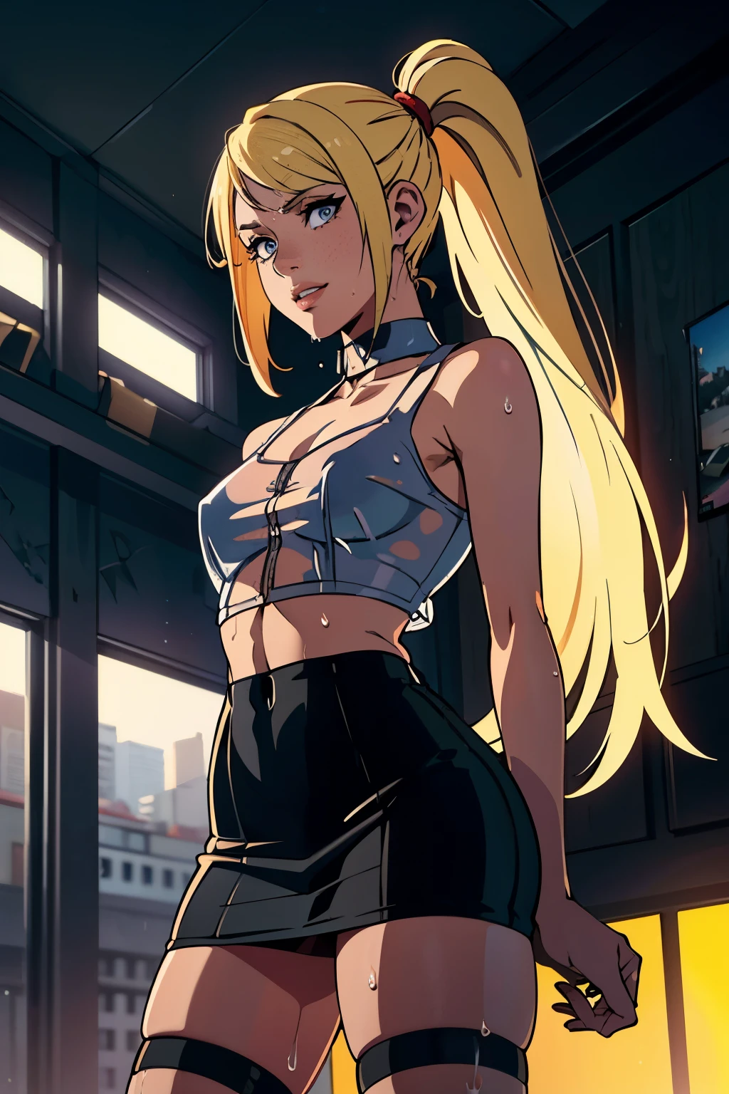 samus aran, ponytail, hair tie, white short pencil skirt, white crop top, tiny waist, skinny, slim, knees, black thigh-highs, smile, blonde hair, wet, see-through skirt, see-through shirt, wet clothes, wet white shirt, collar, mesh
(best quality,4k,8k,highres,masterpiece:1.2),ultra-detailed,(realistic,photorealistic,photo-realistic:1.37),HDR,UHD,studio lighting,ultra-fine painting,sharp focus,physically-based rendering,extreme detail description,professional,vivid colors,bokeh,portraits,landscape,horror,anime,sci-fi,photography,concept artists, vibrant colors,contrast lighting