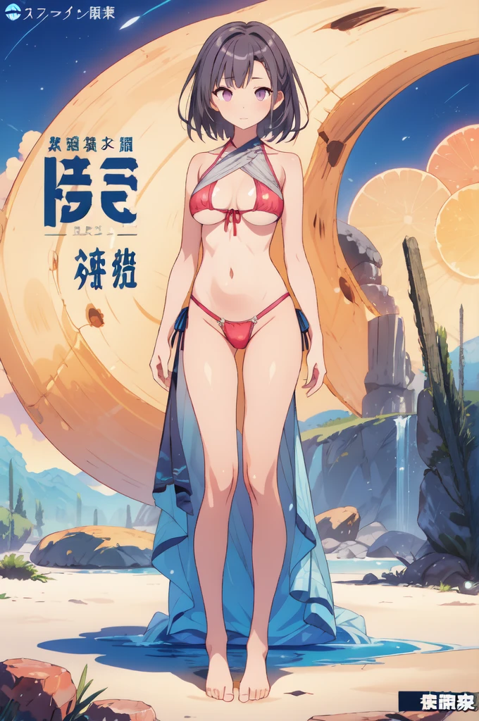 1girl、highest quality、Masterpiece、Official Art、The best composition、Character Design、vtuber-fullbody、Standing in front of the viewer、upright、short hair、dark blue bikini、barefoot、Smaller breasts、1 girl