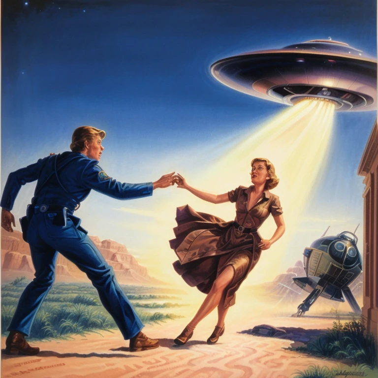 A painting of a woman being abducted by a flying saucer, Greg Hildebrand, Tim Hildebrandt, Glenn Angus, inspired Written by Mort Künstler, Ed Emshwiller, Tim and Greg Hildebrandt, 5 0s Pulp SF Illustration, UFO kidnapping, Written by Mort Künstler, inspired Greg Hildebrand