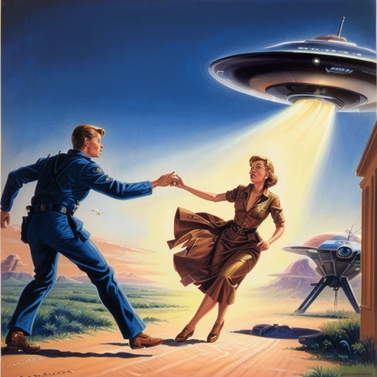 A painting of a woman being abducted by a flying saucer, Greg Hildebrand, Tim Hildebrandt, Glenn Angus, inspired Written by Mort Künstler, Ed Emshwiller, Tim and Greg Hildebrandt, 5 0s Pulp SF Illustration, UFO kidnapping, Written by Mort Künstler, inspired Greg Hildebrand