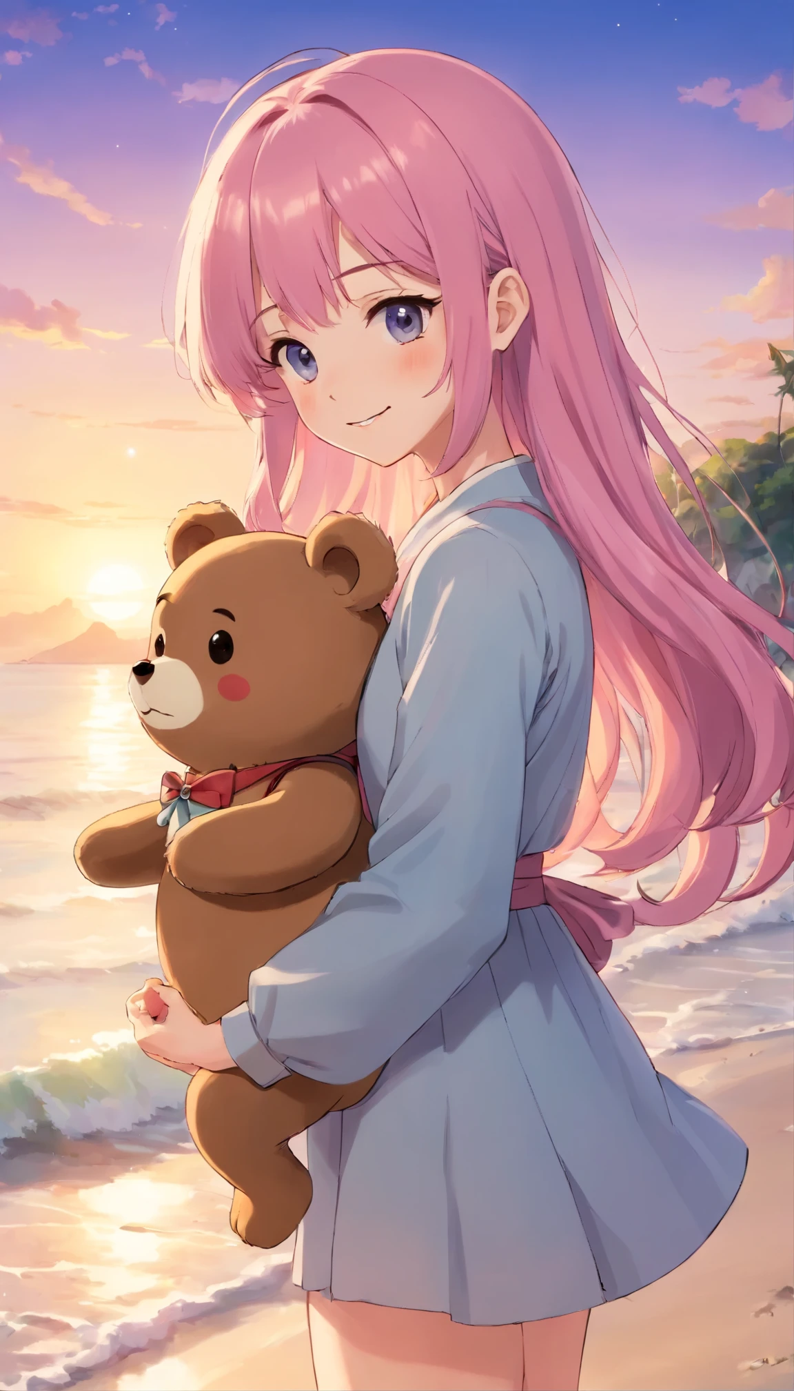 Holding a stuffed teddy bear on a calm beach at sunset、Featuring captivating anime girls dressed in cute and realistic fashion。High-definition portraits、It shows a young woman with long, flowing pink hair that reaches down to her slim waist。The girl's eyes shine warmly、Staring straight at the viewer、Her mouth is curled into a gentle smile。 The beach scene is filled with the soft hues of twilight.、The anime's CG art depicts a serene, idyllic environment。The artwork is inspired by Gu Wei Z's style.、