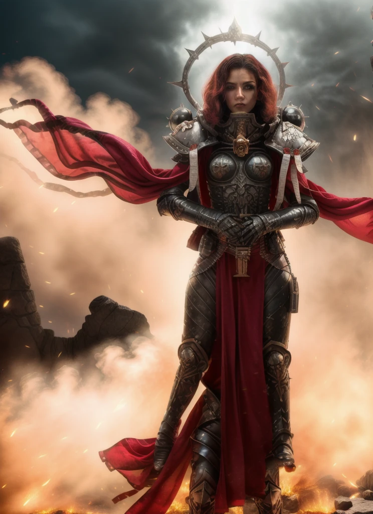 high quality photo of standing whsororitas with sword in hands whsororitas, znd long wavy hair long curly hair, flaming city ruins in background, dust and smoke, atmospheric lighting, white paper scrolls with text, red wax seals, saturated colors, Charlise Terion face, star trek cinematic,warhammer 40k, beautiful face, detailed face, whrepentia with sword
