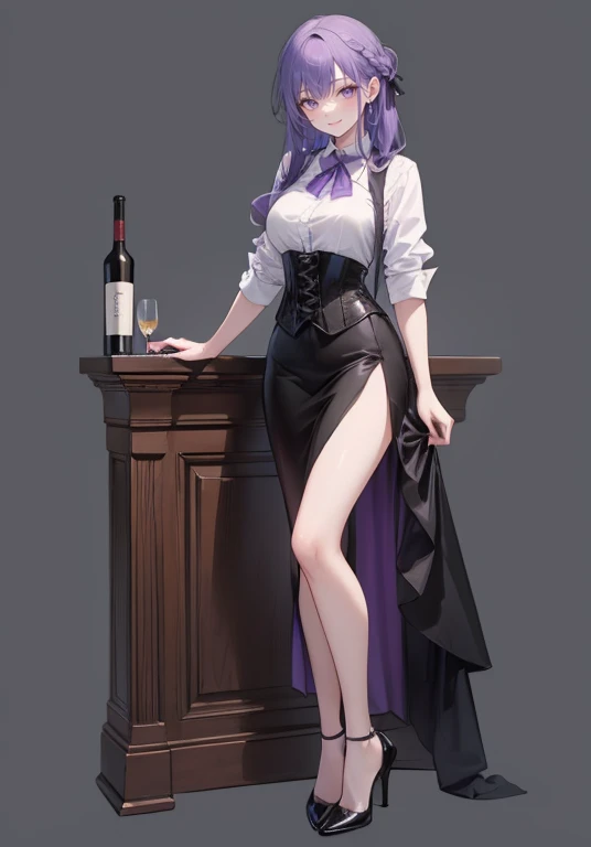 Purple hair,long hair,Adult female,Bartender,((Rolling up your sleeves shirt)),black vest,(Corset),(skirt),(slit),High heels,((Simple background)),Smile,((Full body)),((whole body)),Character Sheet,