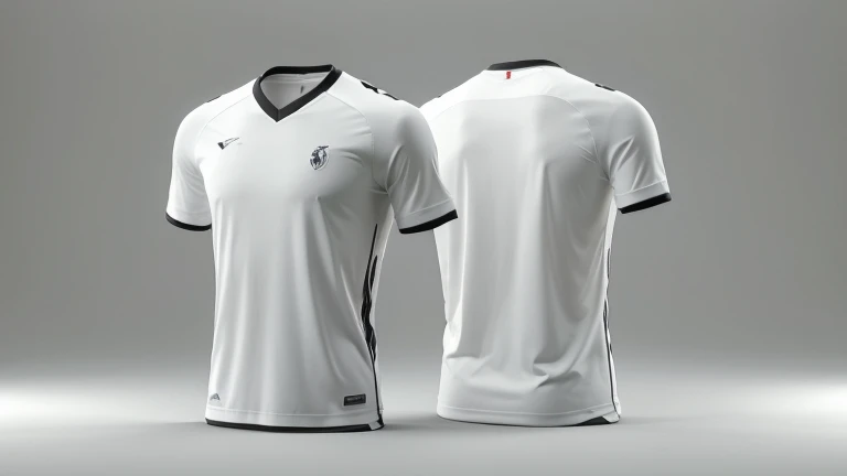 a pair of men's white and black soccer shirts, sport t-shirt, black jersey, orthographic front view, gvc design, slik design, behance hd, sleek streamlined design, bright white realistic, inspired by Christian Hilfgott Brand, scythe design, sport clothing, cloth sim, ea sport, 3d still designs, 3 d mesh