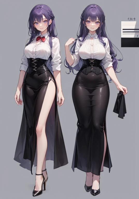 Purple hair,long hair,Adult female,Bartender,((Rolling up your sleeves shirt)),black vest,(Corset),(skirt),(slit),High heels,((Simple background)),Smile,((Full body)),((whole body)),Character Sheet,