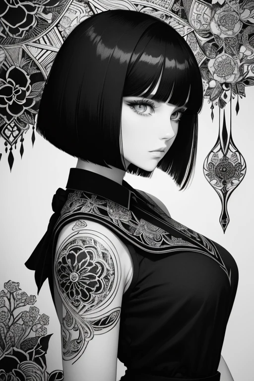 Beardsley style,ink art, pen and ink, (Best Quality,masutepiece:1.2),(black and white comic core:1.1),(extreme high contrast),Dark ink, 1 beautiful girl, side view, school_uniform, bob_cut_hair, bangs, Very_beautiful_face, very_beautiful_eyes, even_eyes