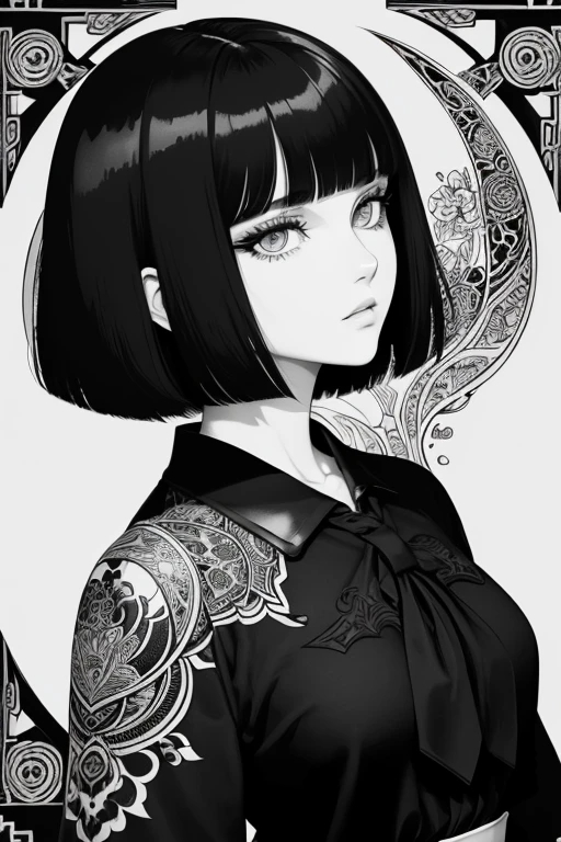 Beardsley style,ink art, pen and ink, (Best Quality,masutepiece:1.2),(black and white comic core:1.1),(extreme high contrast),Dark ink, 1 beautiful girl, side view, school_uniform, bob_cut_hair, bangs, Very_beautiful_face, very_beautiful_eyes, even_eyes