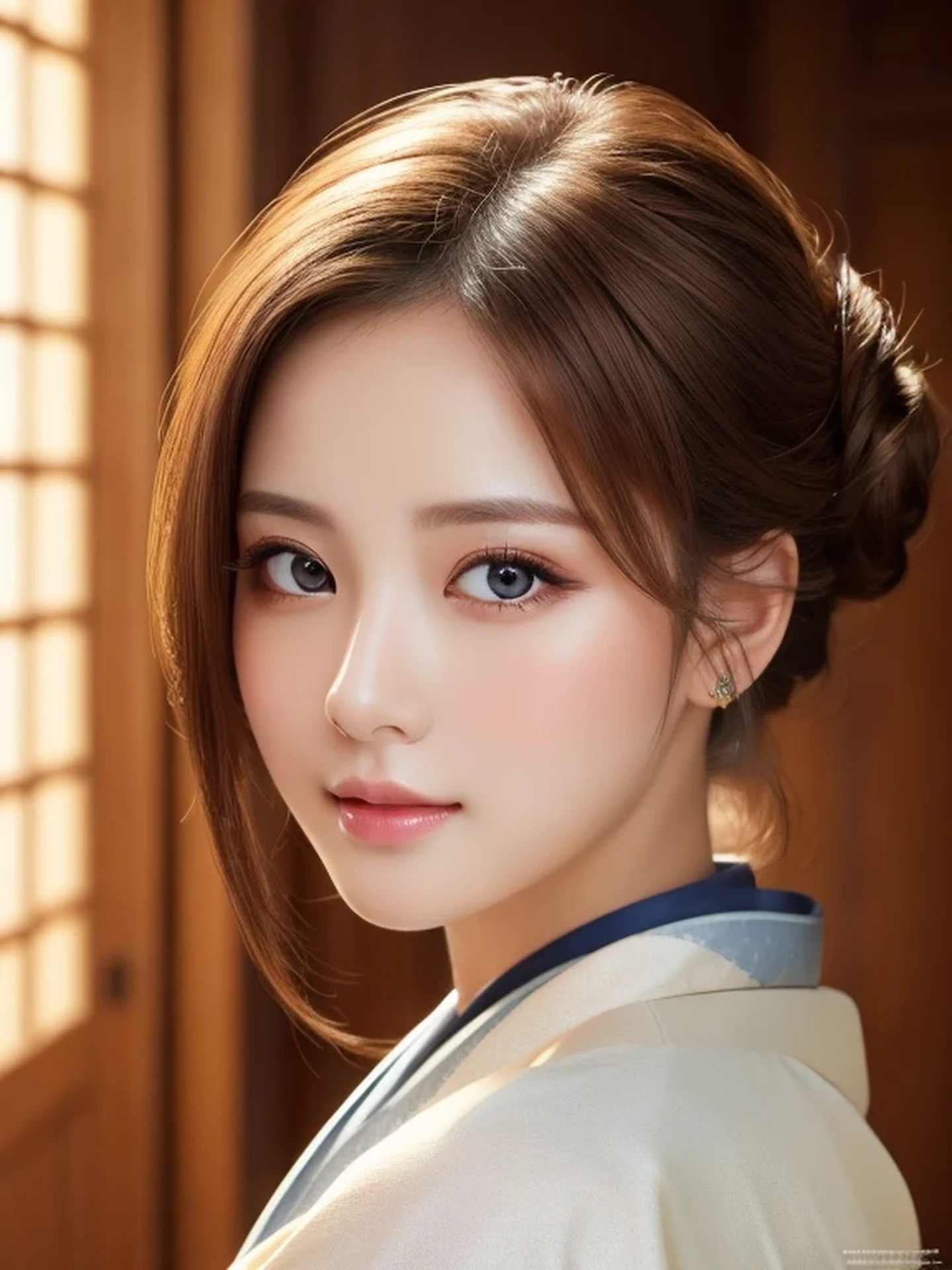 masterpiece, highest quality, High resolution, wallpaper, realistic, (bright lighting:1.4), professional lighting, face light, smooth lighting, (shoot from front:1.8), 1 girl, (in beautiful calm color kimono:1.5), cute, sleepy, open mouth to say something, shy, Beautiful girl, sexy, super beautiful, beautiful skin, beautiful and detailed eyes、detailed face、slim、moderately, half updo, brunette colored hair, brown eyes, Professional Photography,