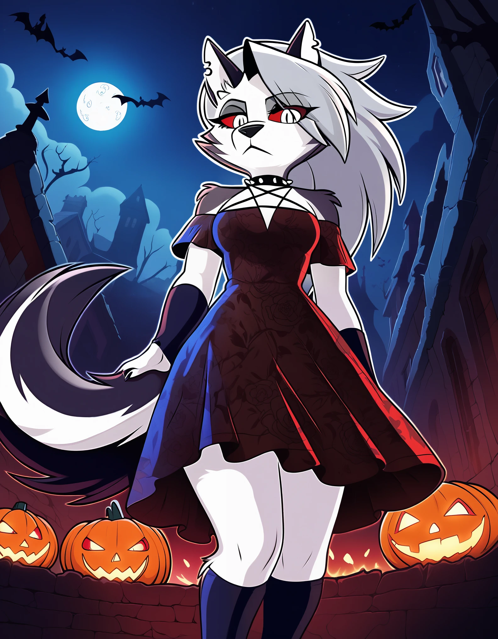 safe content, by vivzmind, mammal, canid, canid demon, demon, canine, monster, anthro, female, fur, solo, hair, white body, white fur, helluva boss, holidays, hellhound, loona, red sclera, dress, white eyes, halloween, blood, official art