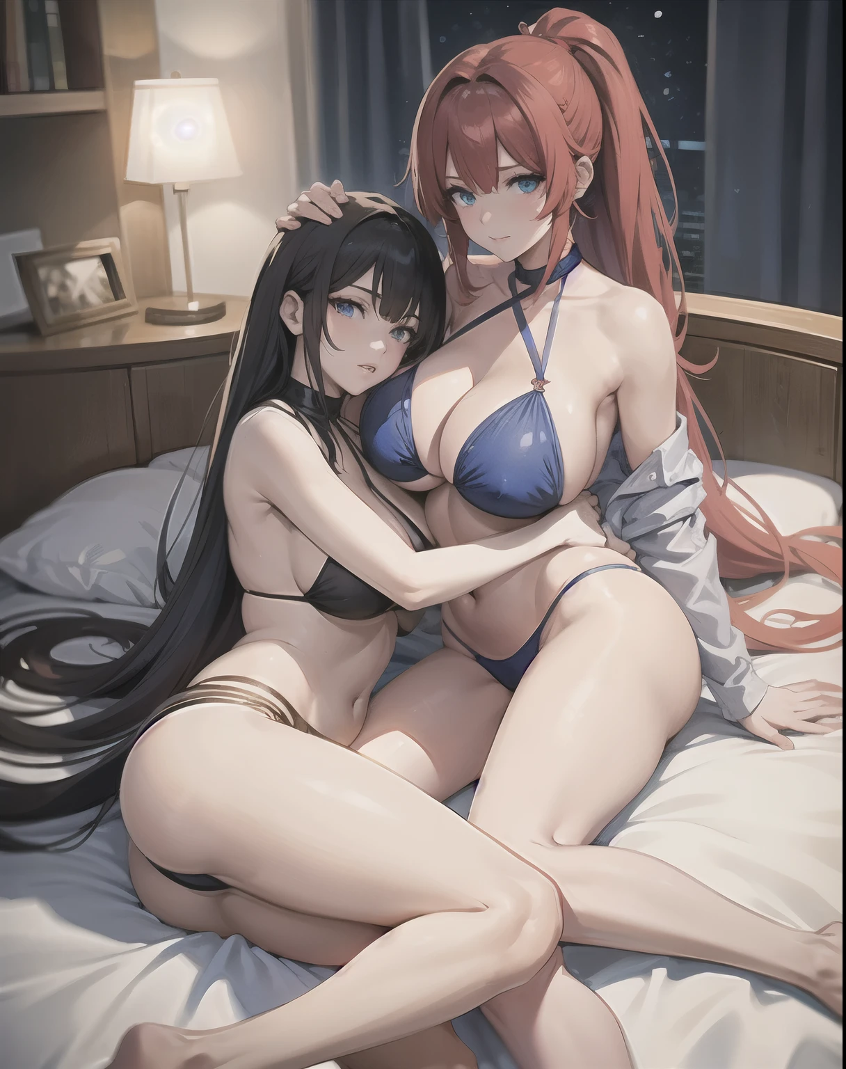 2 anime women, 2 people, anime women, same height, Tall mature anime women, (gigantic breasts), exposed breasts, very wide hips, enormous buttocks, wearing bikinis, exposed stomach, bare shoulders, bare arms, long red hair in a ponytail, blue eyes, facing viewer, full body, perfect face, top rated on pixiv, at pixiv, beautiful alluring anime women, attractive anime women, pixiv 3dcg, popular on pixiv, beautiful anime girls, beautiful anime women, milf, hugging, hugging on a bed, lying on a bed,