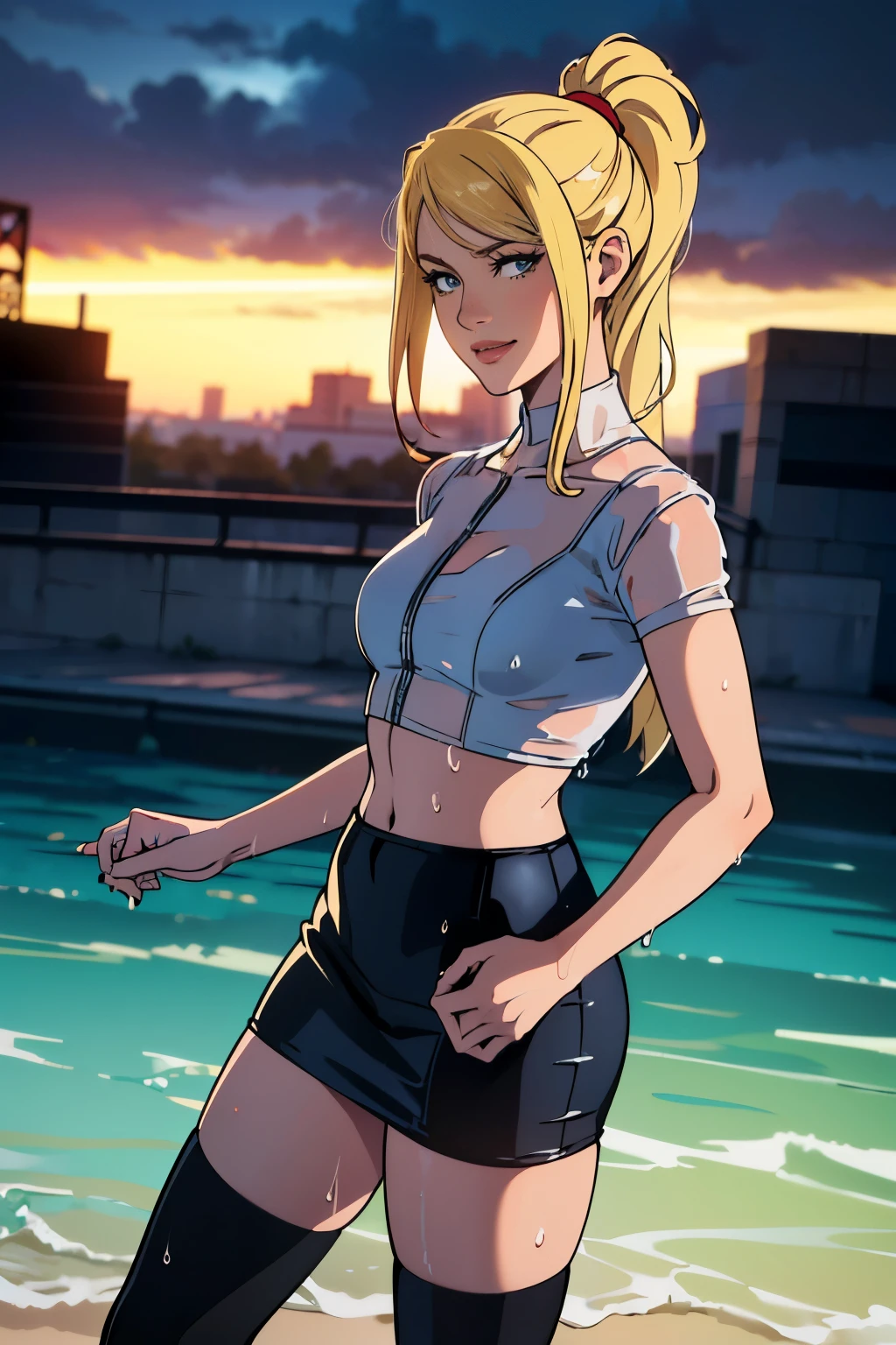 samus aran, ponytail, hair tie, white short pencil skirt, white crop top, tiny waist, skinny, slim, knees, black thigh-highs, smile, blonde hair, wet, see-through skirt, see-through shirt, wet clothes, wet white shirt, collar, mesh
(best quality,4k,8k,highres,masterpiece:1.2),ultra-detailed,(realistic,photorealistic,photo-realistic:1.37),HDR,UHD,studio lighting,ultra-fine painting,sharp focus,physically-based rendering,extreme detail description,professional,vivid colors,bokeh,portraits,landscape,horror,anime,sci-fi,photography,concept artists, vibrant colors,contrast lighting