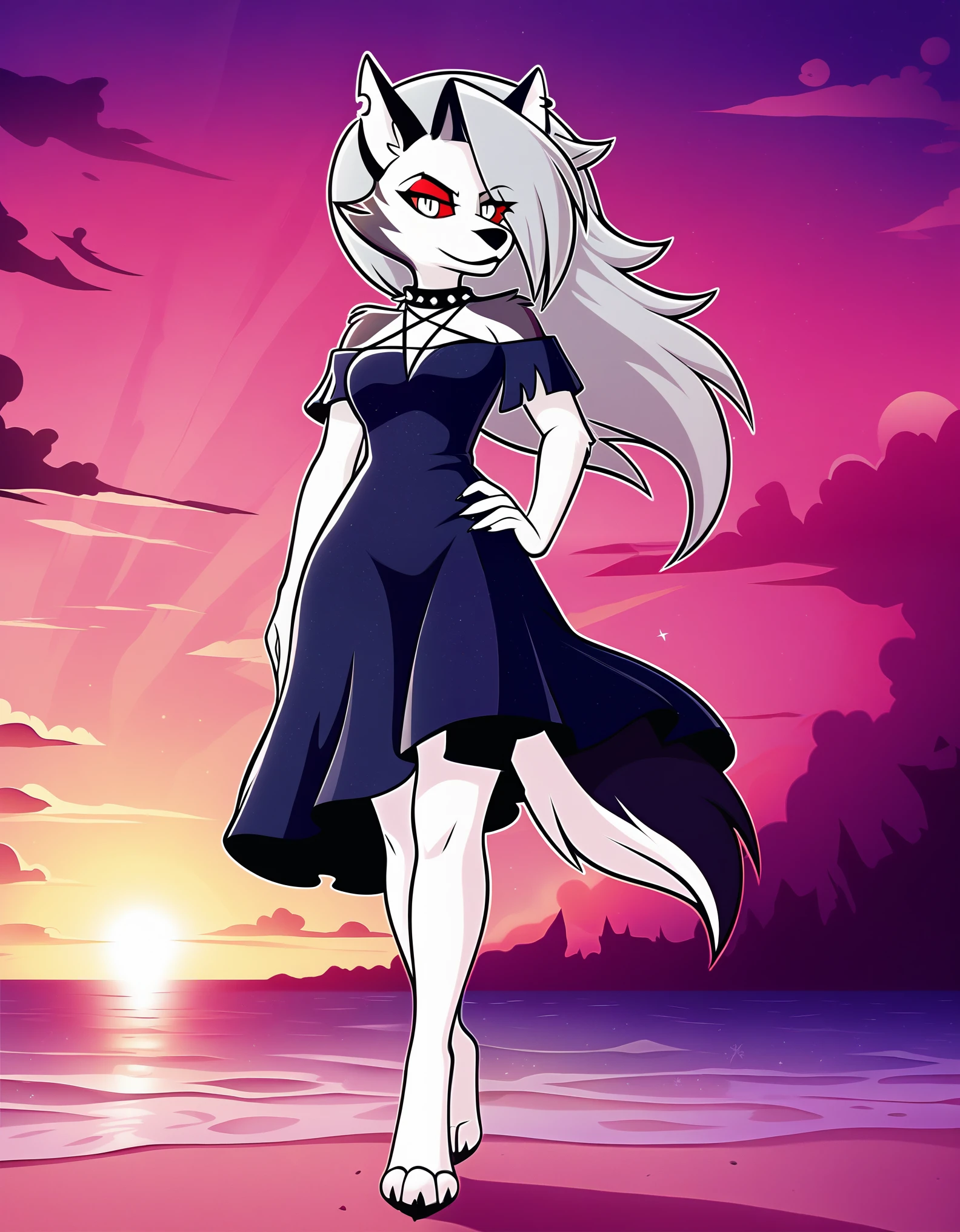 safe content, by vivzmind, mammal, canid, canid demon, demon, canine, monster, anthro, female, fur, solo, hair, white body, white fur, helluva boss,  hellhound, loona, red sclera, dress, white eyes, official art, beach, sunset