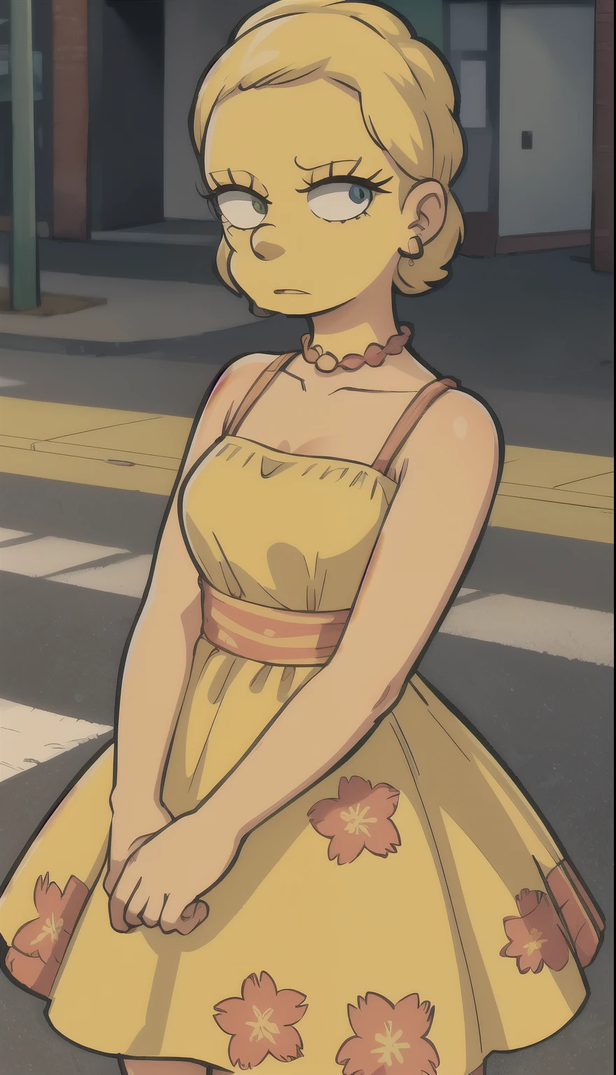 a girl, Wearing a floral dress, with short, slightly parted hair , solo, on the street, yellow skin, the Simpsons, (insanely detailed, beautiful detailed face, masterpiece, best quality)