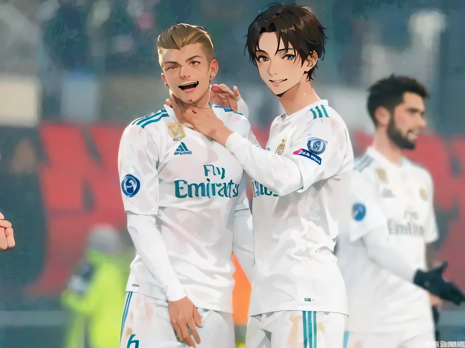 Highest quality、Real Madrid players、A German blonde and a Japanese black-haired player、smile