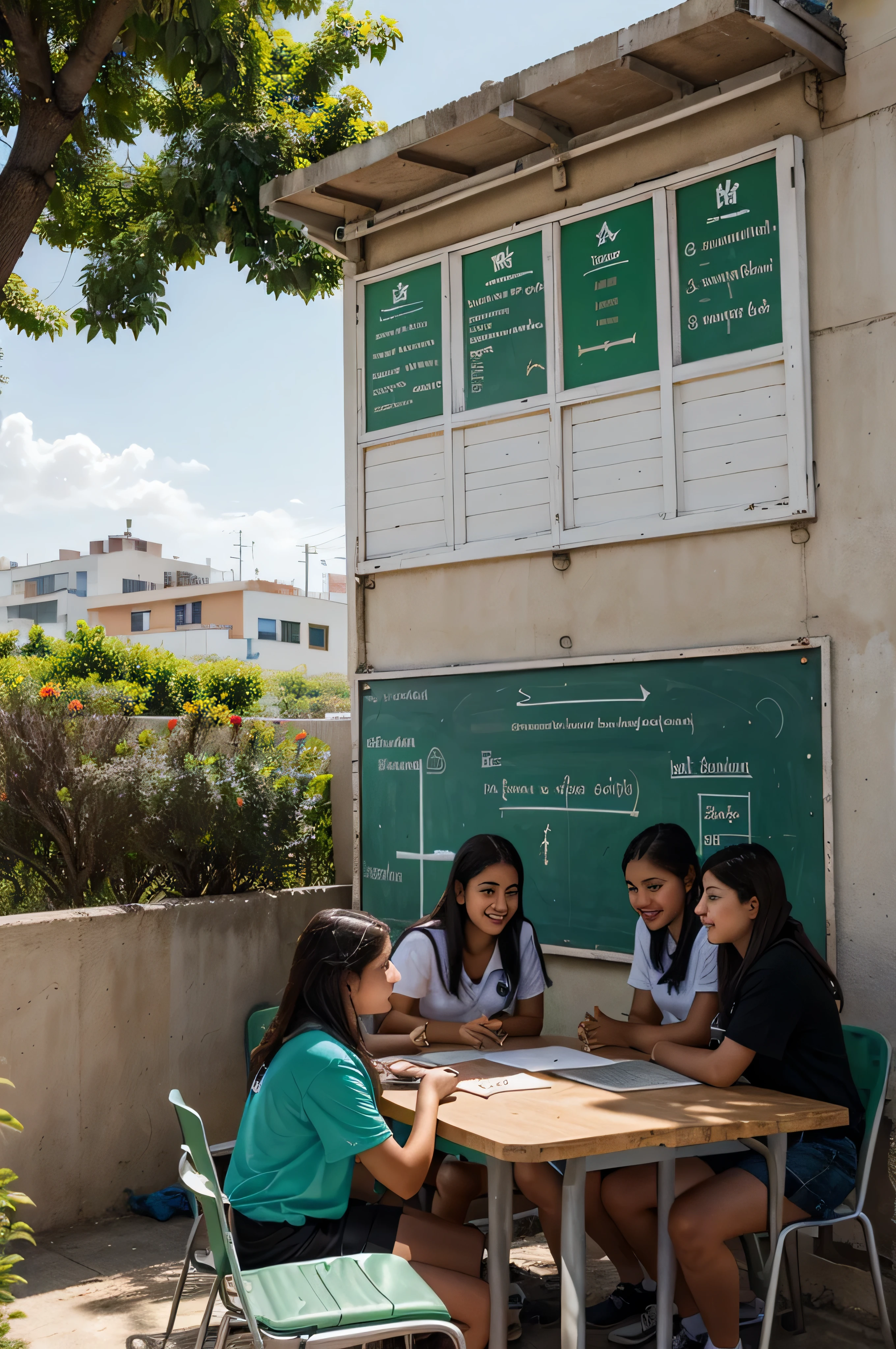En un liceo municipal de bajos recursos, se ha implementado un proyecto de identidad liceana que ha transformado el ambiente escolar. The walls are decorated with colorful murals depicting local history and culture, pintados por los propios estudiantes con la ayuda de artistas comunitarios. En el patio central, there is a community garden where students grow plants and flowers, creando un espacio verde y acogedor. Classrooms are equipped with renovated and colorful desks, y los estudiantes llevan uniformes personalizados que reflejan el orgullo y la pertenencia al liceo. En una esquina del patio, a group of students excitedly discusses an academic project, while others play sports or read under the shade of the trees. Todo el entorno refleja un ambiente de convivencia armoniosa, better academic performance and greater comfort for everyone.