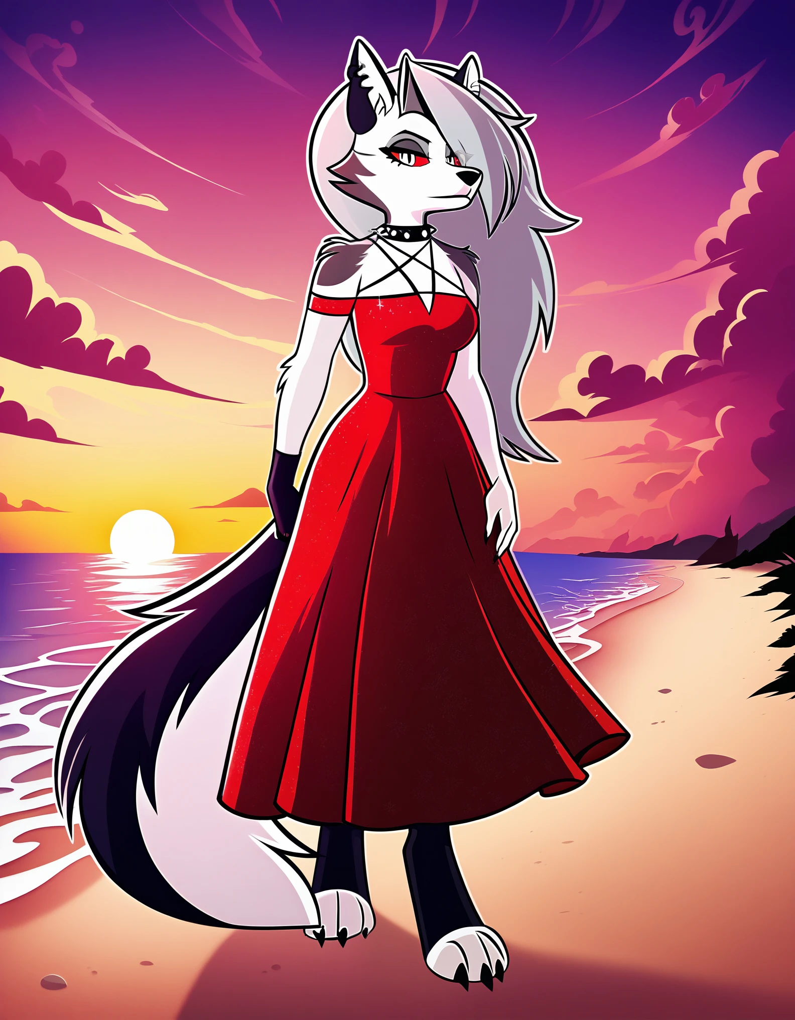 safe content, by vivzmind, mammal, canid, canid demon, demon, canine, monster, anthro, female, fur, solo, hair, white body, white fur, helluva boss,  hellhound, loona, red sclera, dress, white eyes, official art, beach, sunset