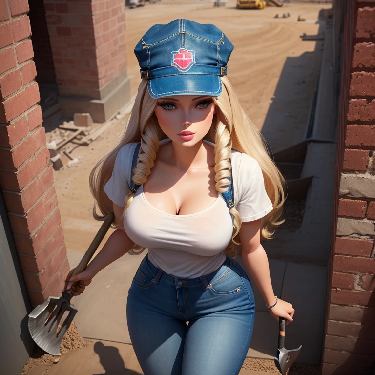 original Barbie doll, hiperrealista ultra detallista, Dressed in tight mason jeans with cap on head, obra impresionante, Bricklayer with shovel working at a construction site