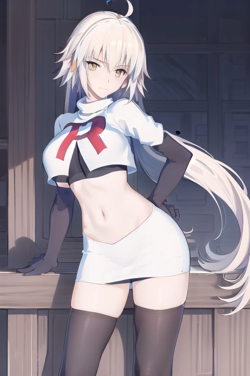 ((masterpiece, best quality,distinct image)), 1girl,solo, jeanne d'arc alter, large breasts, ahoge,looking at viewer, cowboy shot, team rocket,team rocket uniform,white skirt,red letter R,crop top,black thigh-highs,black elbow gloves