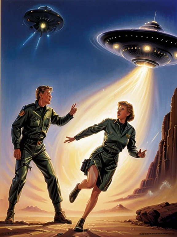 A painting of a woman being abducted by a flying saucer, Greg Hildebrand, Tim Hildebrandt, Glenn Angus, inspired Written by Mort Künstler, Ed Emshwiller, Tim and Greg Hildebrandt, 5 0s Pulp SF Illustration, UFO kidnapping, Written by Mort Künstler, inspired Greg Hildebrand