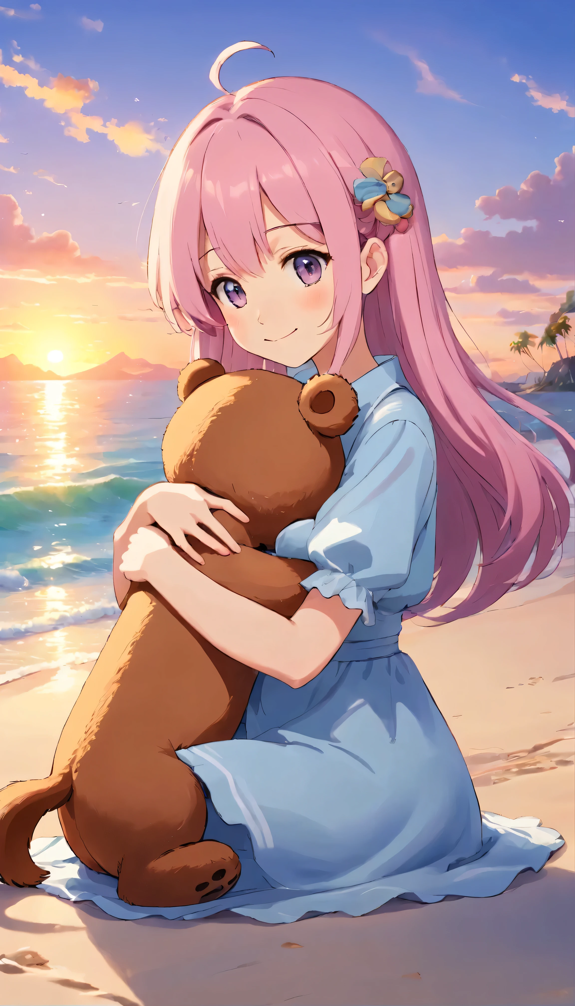 Holding a stuffed teddy bear on a calm beach at sunset、Featuring captivating anime girls dressed in cute and realistic fashion。High-definition portraits、It shows a young woman with long, flowing pink hair that reaches down to her slim waist。The girl's eyes shine warmly、Staring straight at the viewer、Her mouth is curled into a gentle smile。 The beach scene is filled with the soft hues of twilight.、The anime's CG art depicts a serene, idyllic environment。The artwork is inspired by Gu Wei Z's style.、