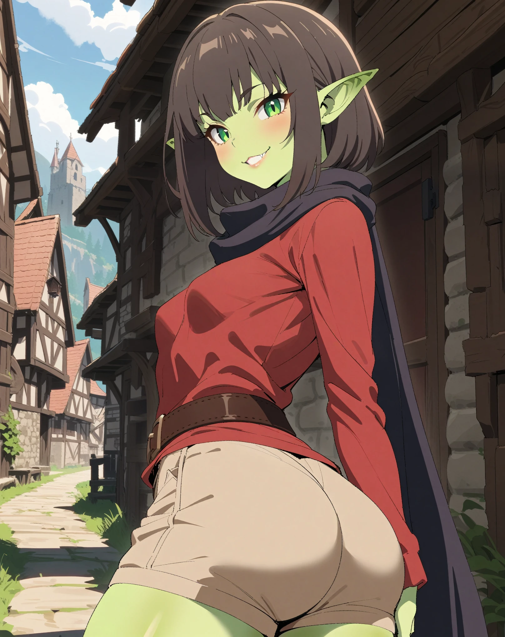 (Masterpiece, best quality, highres) {{Artist: Sincos}} 1 goblin woman, solo, mature, very short, 30 years old, fully green skin, sharp eyes, green eyes, sharp ears, thick ass, small breasts, short hair, brown hair, straight hair, lips, mischievous smile, standing straight, looking at camera, red tunic, beige shorts, leather belt, black scarf, in village, medieval fantasy.
