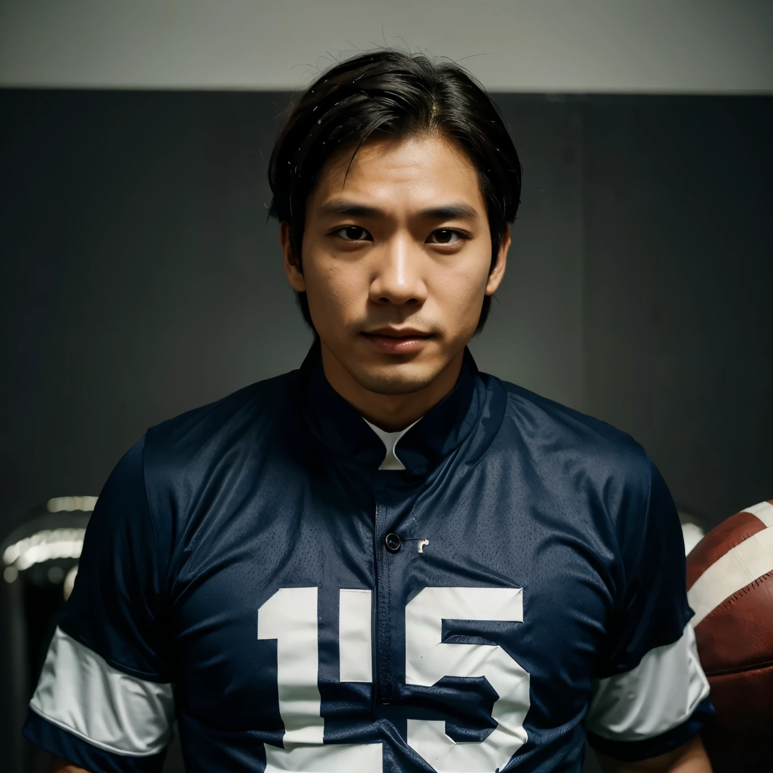 Um homem coreano, com olhos escuros e sombrios.