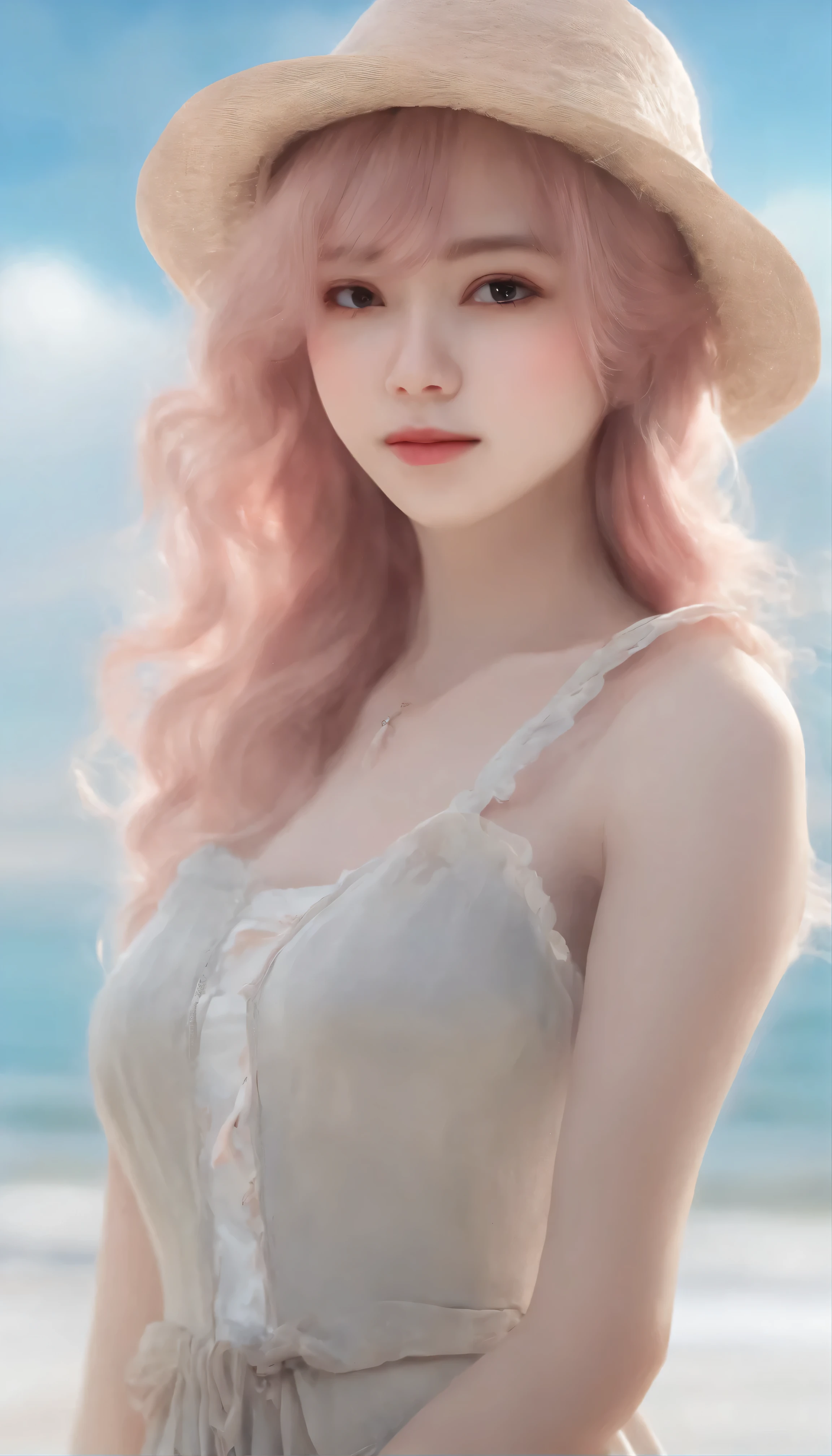 Holding a stuffed teddy bear on a calm beach at sunset、Featuring captivating anime girls dressed in cute and realistic fashion。High-definition portraits、It shows a young woman with long, flowing pink hair that reaches down to her slim waist。The girl&#39;s eyes shine warmly、Staring straight at the viewer、Her mouth is curled into a gentle smile。 The beach scene is filled with the soft hues of twilight.、The anime&#39;s CG art depicts a serene, idyllic environment。The artwork is inspired by Gu Wei Z&#39;s style.、