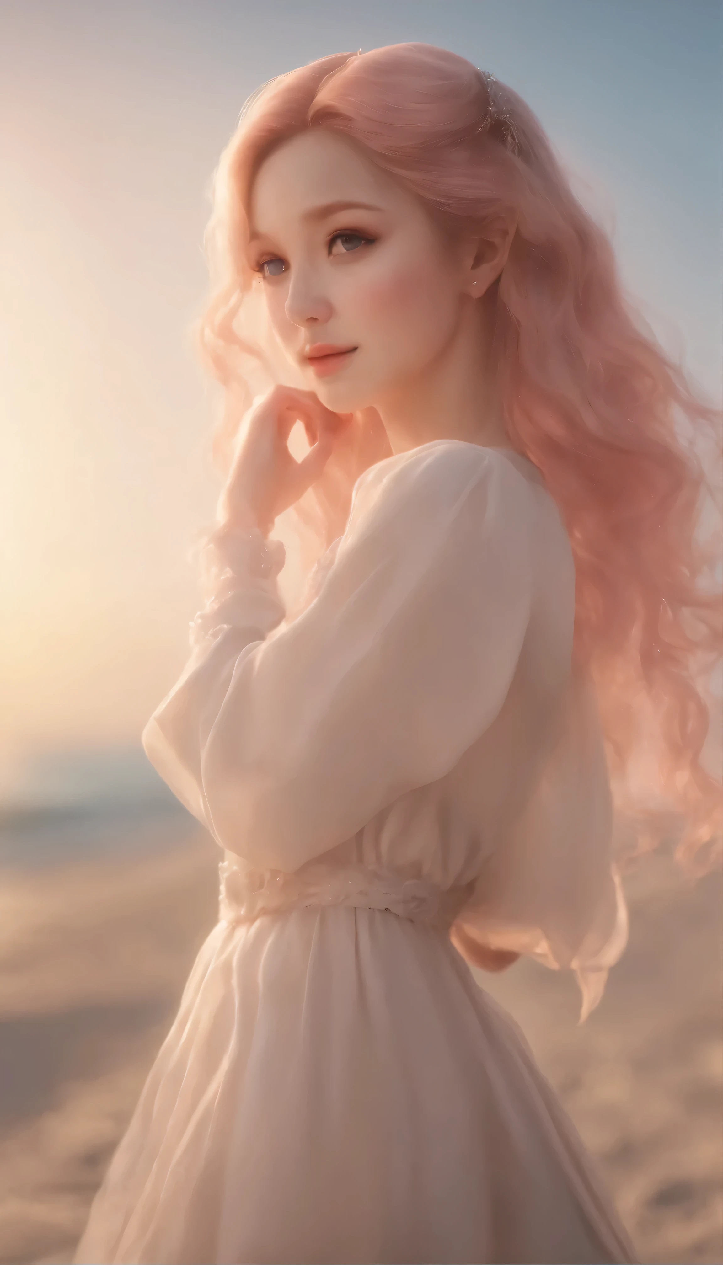 Holding a stuffed teddy bear on a calm beach at sunset、Featuring captivating anime girls dressed in cute and realistic fashion。High-definition portraits、It shows a young woman with long, flowing pink hair that reaches down to her slim waist。The girl's eyes shine warmly、Staring straight at the viewer、Her mouth is curled into a gentle smile。 The beach scene is filled with the soft hues of twilight.、The anime's CG art depicts a serene, idyllic environment。The artwork is inspired by Gu Wei Z's style.、