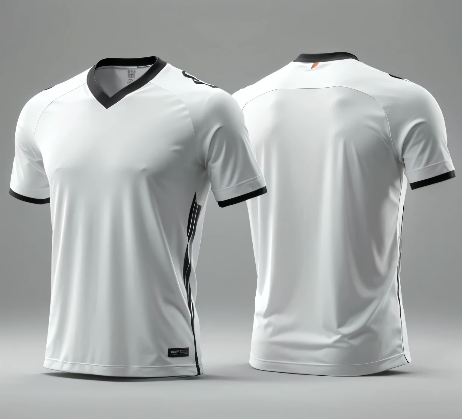 a pair of men's white and black soccer shirts, sport t-shirt, black jersey, orthographic front view, gvc design, slik design, behance hd, sleek streamlined design, bright white realistic, inspired by Christian Hilfgott Brand, scythe design, sport clothing, cloth sim, ea sport, 3d still designs, 3 d mesh