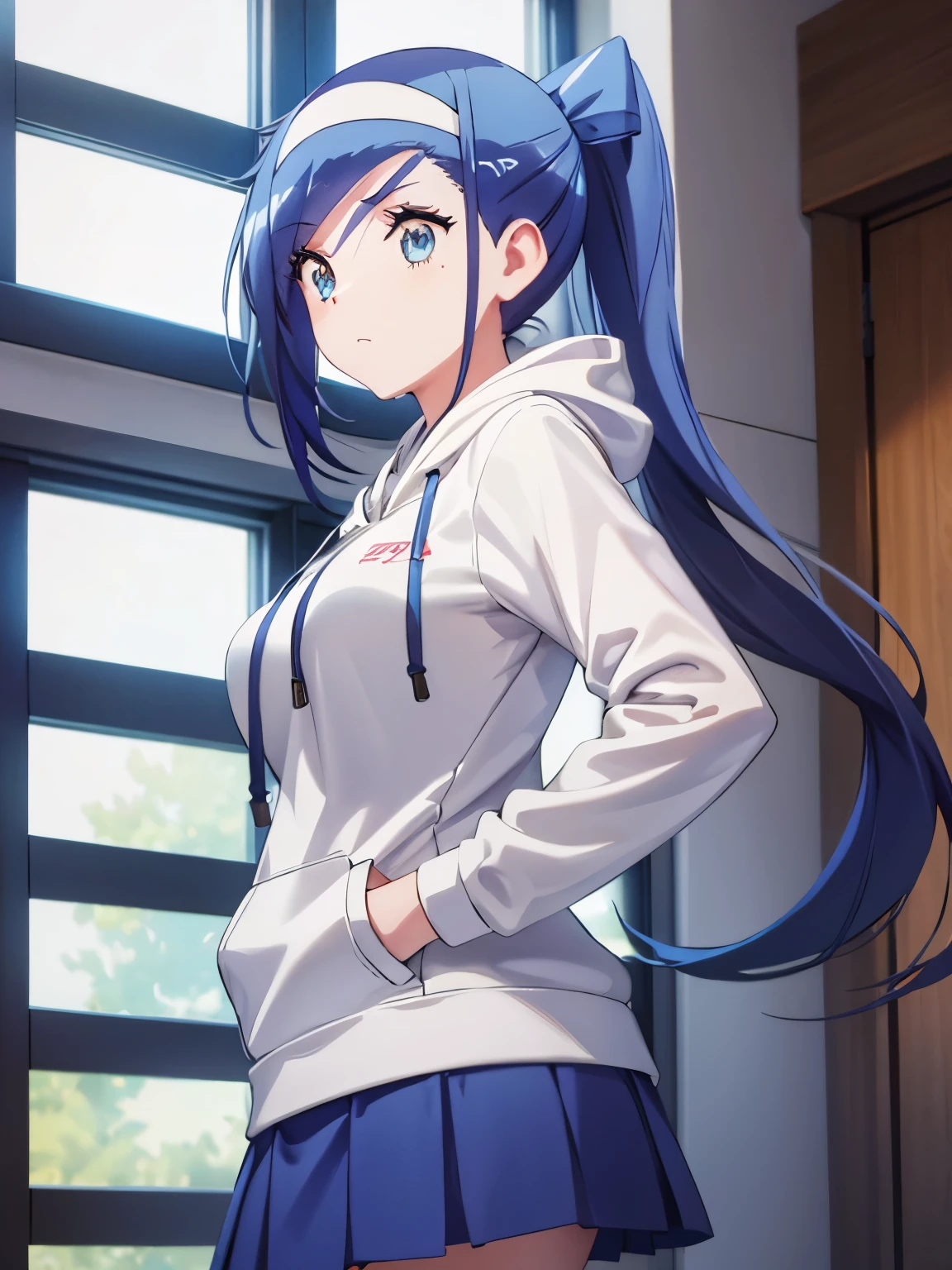 1woman,super beautiful,Stand, facing left, camera angle from the side, looking away, photo from the side,half body photo,Beautiful eyes, very detailed face,cute, tennis skirt,HD face, perfect face, white hoodie,long hoodie,black mini skirt,Very big breasts,ponytail,bangs,blue eyes,ultra detail,ultra Hd, masterpiece,4k