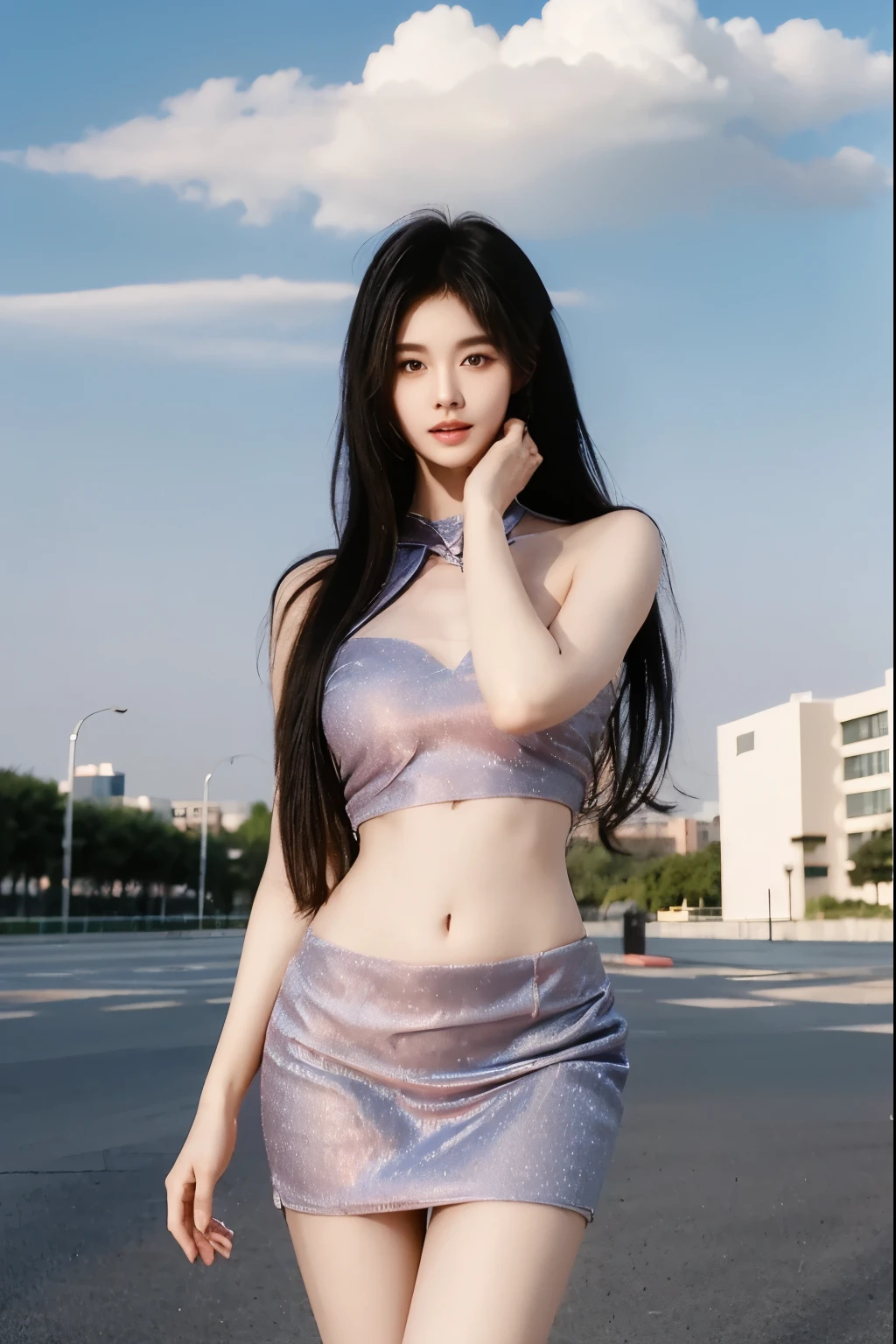 Beautiful woman with perfect body：1.4，Layered Hairstyle，Prominent cleavage：1.2，Highly detailed face and skin textures，Double eyelids，Skin Whitening，Long hair，Whitened long legs，Standing on campus，Blue sky and white clouds