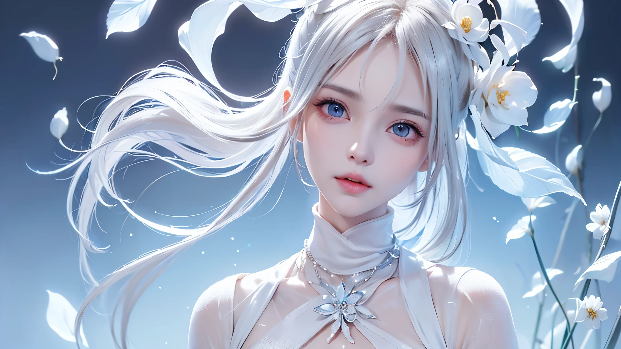 ((Full body image))((masterpiece:1.5、8k、Portraiture、フォトリアリスティックでVery detailedなCG、Very detailed、Particle Effects、Dynamic Effects、Written boundary depth、Cinematic Light、Lens flare、Ray Tracing、Tabletop、Realistic:1.4、超A high resolution:1.2、Realistic、Realistic))((alone、,Woman in turtleneck dress:1.4、Model-like pose:、Side bust、Ample breasts、Detailed face、bright表情、young, bright, Whiter skin、Best Looks、Ultimate beauty、White hair with shiny highlights:1.8、bright and shiny hair,、Super long, Silky straight hair、Hair swaying in the wind))(Wonderful transparent flower々Surrounded by、White Background、Great background、Thin petals fluttering down)