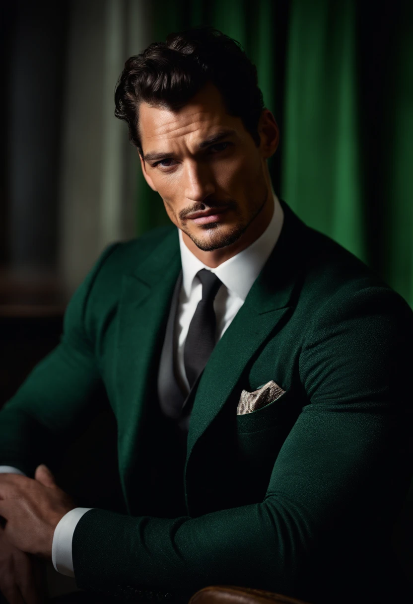 retrato del joven David Gandy, con ojos verdes, vestido con un traje negro