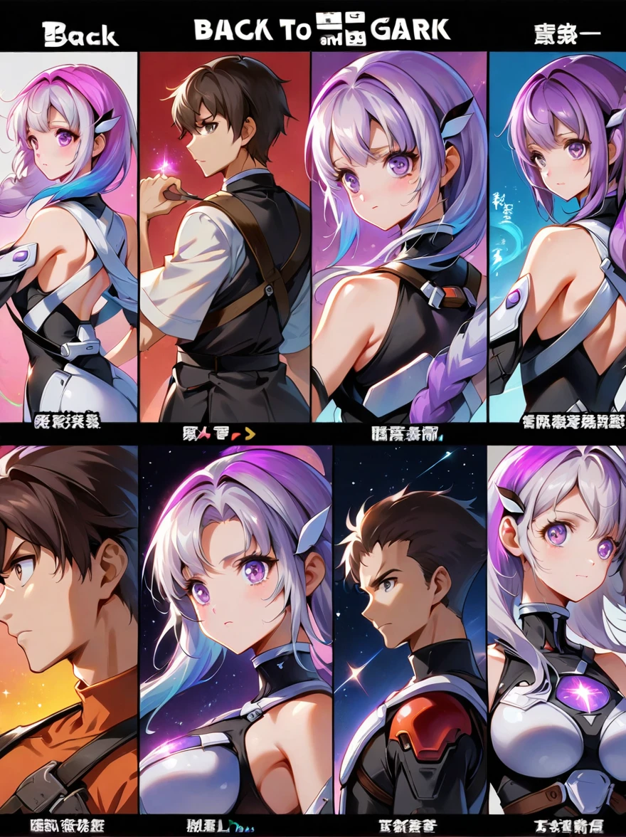 1yj1，(1boy:1.5)，(Boy and girl back to back:1.9)，Anime Girl, (Purple and White Ombre Long Ponytail), (There is a tuft of dark purple hair on the forehead, Colorful hair, (Deep purple eyes)，White mecha suitBREAK Black mecha dress, The figure is located in the center，yinji，Magnificent space image scenes，Shine under the stars，Anatomically correct，concise，Bright colors，Ultra high saturation，Minimalism, anime, Ghibli-like colours, character chart, projected inset