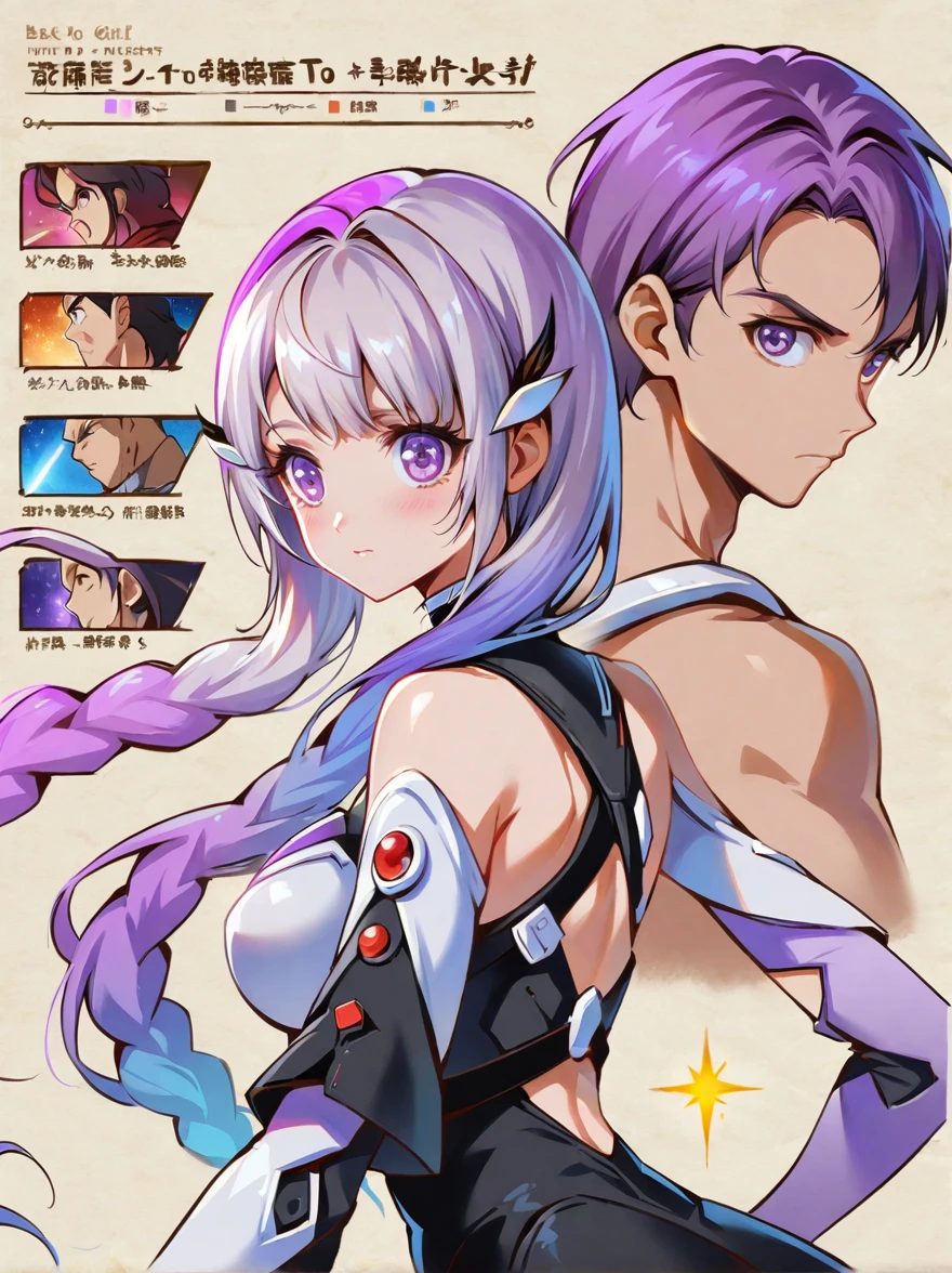 1yj1，(1boy:1.5)，(Boy and girl back to back:1.9)，Anime Girl, (Purple and White Ombre Long Ponytail), (There is a tuft of dark purple hair on the forehead, Colorful hair, (Deep purple eyes)，White mecha suitBREAK Black mecha dress, The figure is located in the center，yinji，Magnificent space image scenes，Shine under the stars，Anatomically correct，concise，Bright colors，Ultra high saturation，Minimalism, anime, Ghibli-like colours, character chart, projected inset