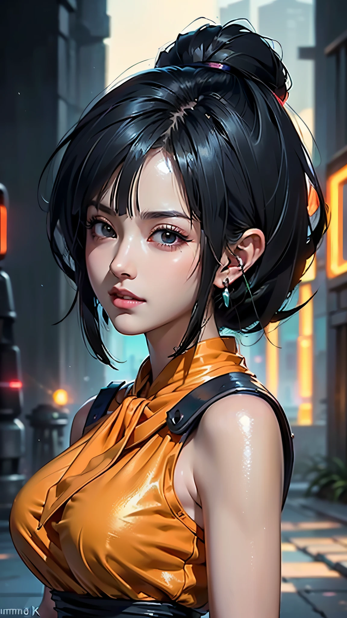 (ultra realistic,32k,RAW photo:1.1),(high detailed skin:1.1), 8k uhd, dslr, high quality, film grain, (makeup, mascara:1.1),(Videl dragon ball :1.4), lips,(thick\lips\), ,(Fondo de ruinas de mazmorra en ruinas cyberpunk :1.4 ),
(shiny glossy translucent clothing:1.1), dragon ball, bbchichi, single hair bun, hair bun, blunt bangs, sidelocks, black eyes, earrings, orange neckerchief, orange scarf, purple dress, sleeveless, bracelet, huge breast,
(looking at viewer, portrait:1.1),,
(busty:1.1) , (chubby:0.1),(soft shaded neon light:1.1),dark theme, A very clean and well organized contemporary place, (dynamic cowboy pose), (perfect anatomy :1.4), (Videl dragon ball V2.1)