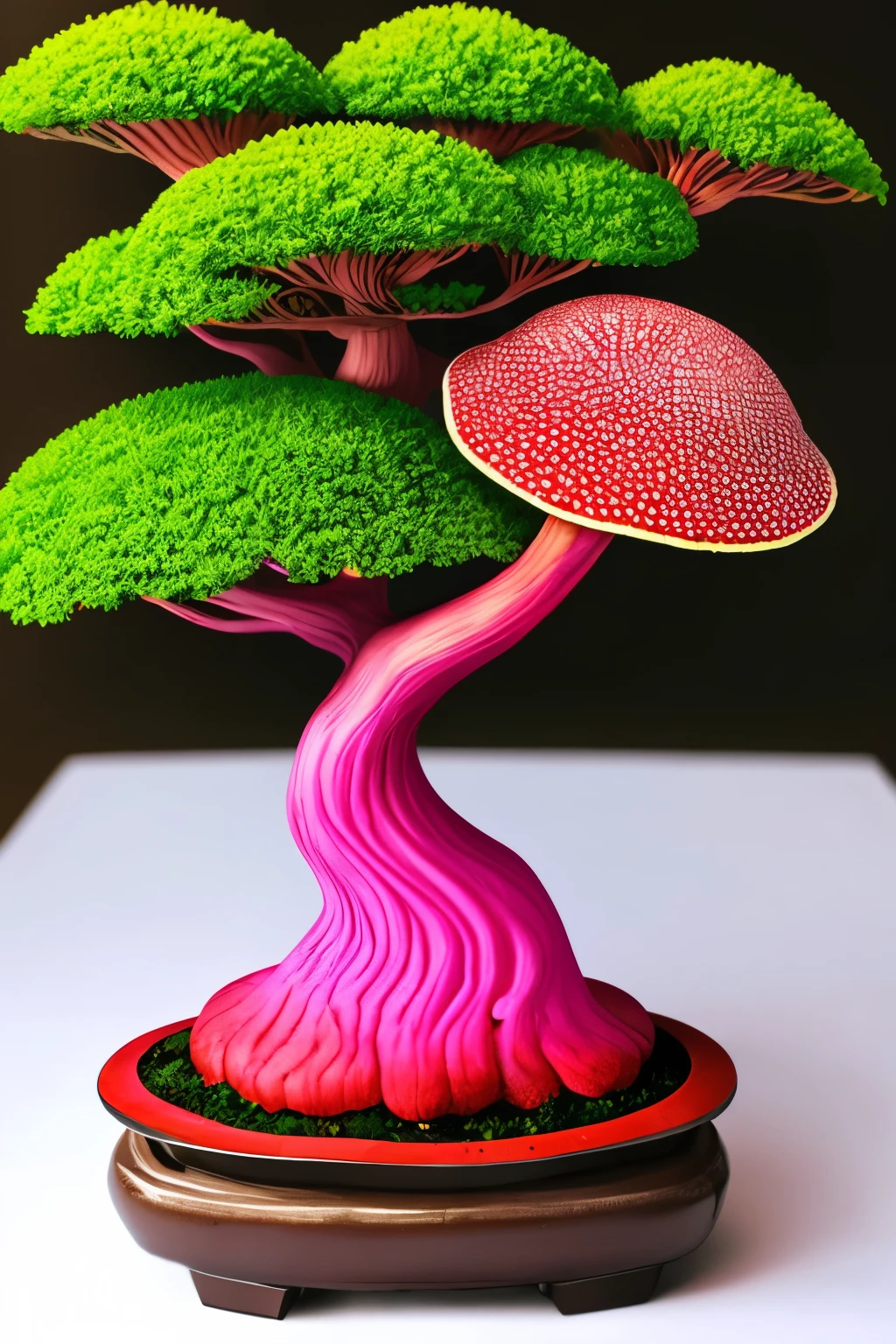 red mushroom,like bonsai,luminous design, pastel colours, summer lights