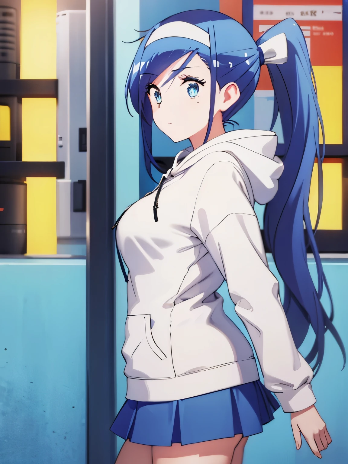 1woman,super beautiful,Stand, facing left, camera angle from the side, looking away, photo from the side,half body photo,Beautiful eyes, very detailed face,cute, tennis skirt,HD face, perfect face, white hoodie,long hoodie,black mini skirt,Very big breasts,ponytail,bangs,blue eyes,ultra detail,ultra Hd, masterpiece,4k